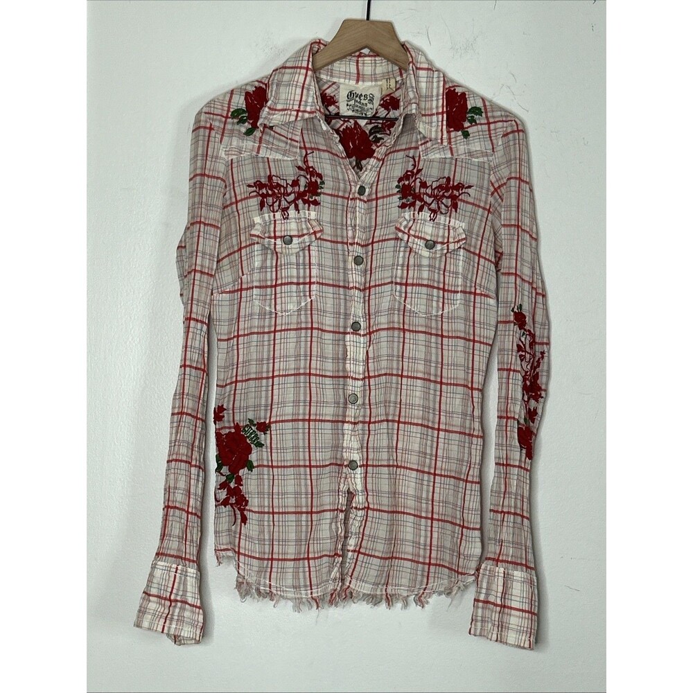 Guess Jeans Blouse Cow Girl western sz Large Red Plaid Embroidered Roses Raw Hem